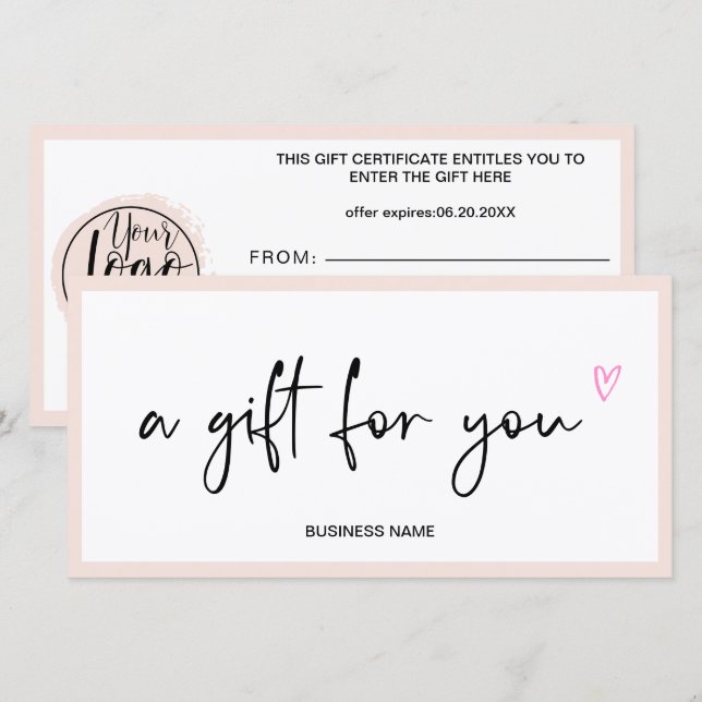 Geschenkgutschein für das Pastell-Rosa-Herzlogo (Vorne/Hinten)