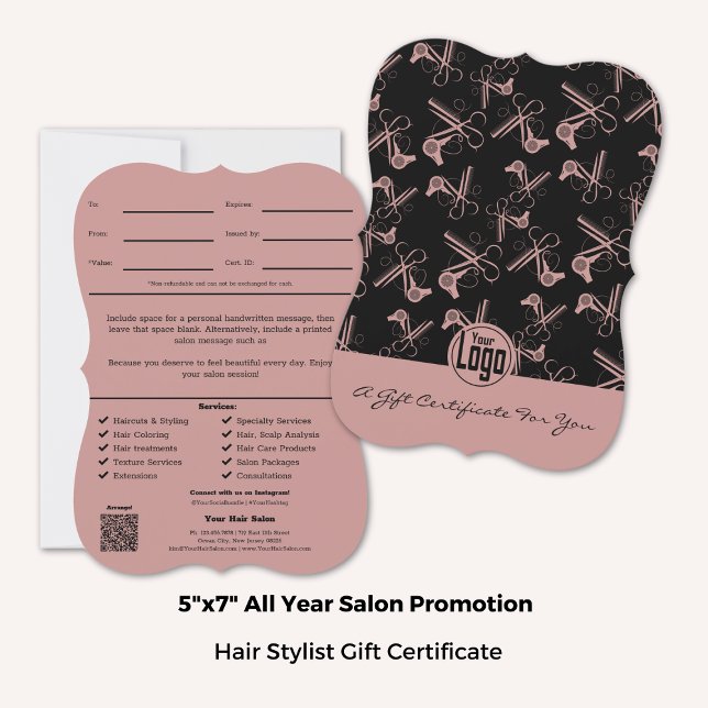 Geschenkgutschein für die schwarzen Haare (5x7 Inch, Whimsical Pink Black Hair Stylist Gift Certificate, portrait format with bracket style)