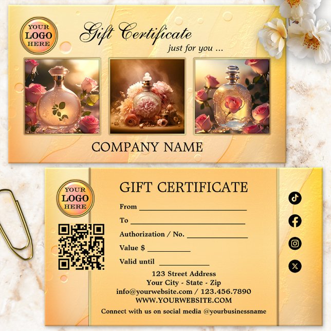 Geschenkgutschein für Frauen in Portfolios Visitenkarte (Gift certificate featuring 3 custom photos framed by an artistic feminine ocher and pink design)