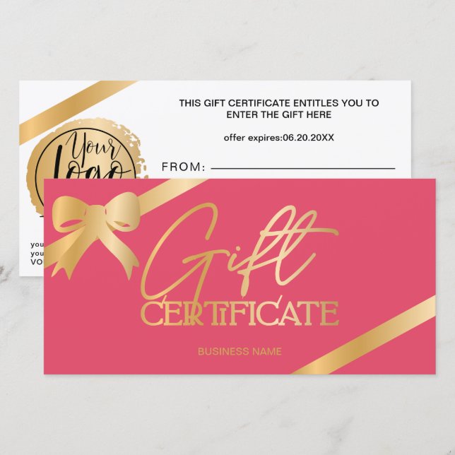 Geschenkgutschein für goldfarbene Bänder mit rosa  (Vorne/Hinten)