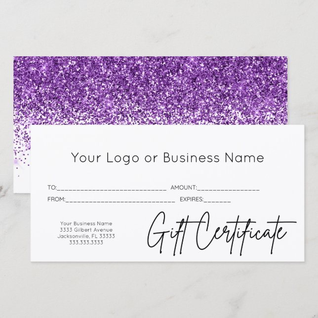 Geschenkgutschein für lila Glitzer-Logo (Vorne/Hinten)
