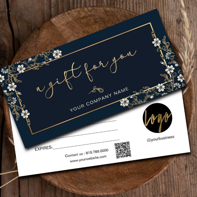 Geschenkgutschein für moderne Navy- und Gold-Add-L (Modern Navy And Gold Add Logo Gift Certificate #floralgiftcard #navyandgold #addlogo #fauxgold)