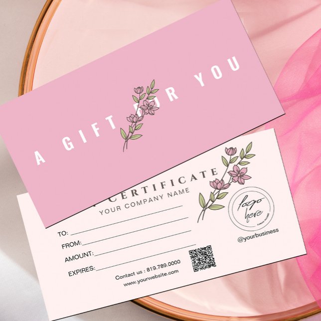 Geschenkgutschein für moderne Rosa Blütenflora (Modern Pink Floral Add Logo Gift Certificate #floralgiftcard #pink #addlogo #girly #minimalist)