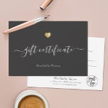 Geschenkgutschein für moderne Script-Gold-Herz-Log<br><div class="desc">Diese moderne,  schicke vergoldete Geschenkgutschein-Karte für Ihre Kunden bietet handgeschriebene Skriptkalligraphie neben Ihren Namen in eleganter Serifentypografie. Das ist die elegante,  kohlegraue Version mit Ihrem Logo auf der Rückseite.</div>