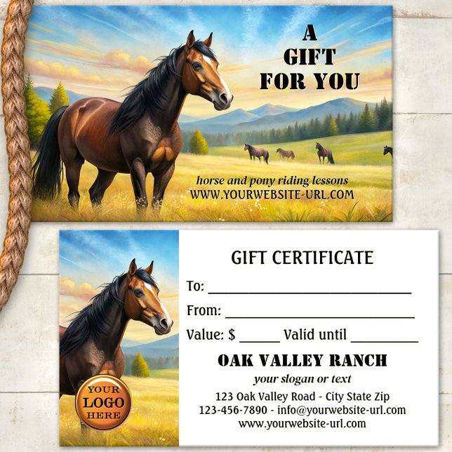 Geschenkgutschein für Wasserfarben - Reiten Rabattkarte (Artistic gift certificate featuring horses in a watercolor landscape - horse and pony riding lessons)