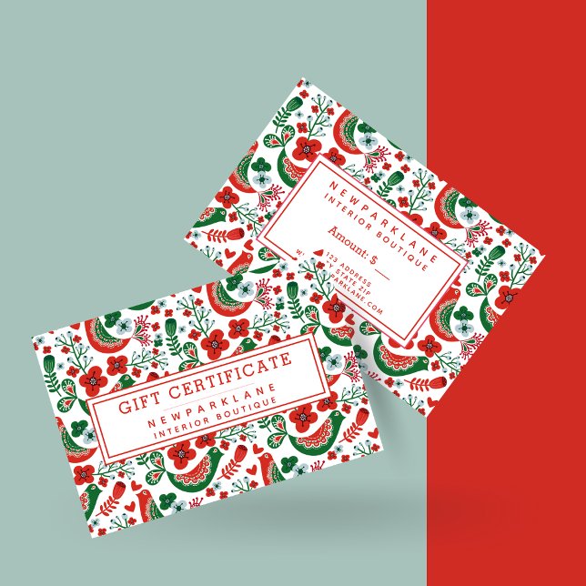 Geschenkgutschein für Weihnachten in Rot-Skandinav Visitenkarte (Von Creator hochgeladen)