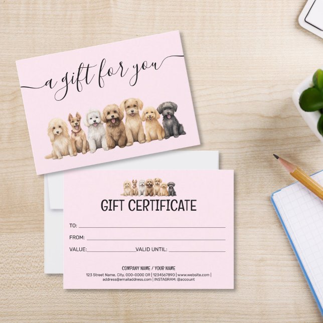 Geschenkgutschein Hund Erwachsener Sitzmöbel (cute watercolor dogs puppies on the blush pink background, gift certificate for groomers pet sitting)