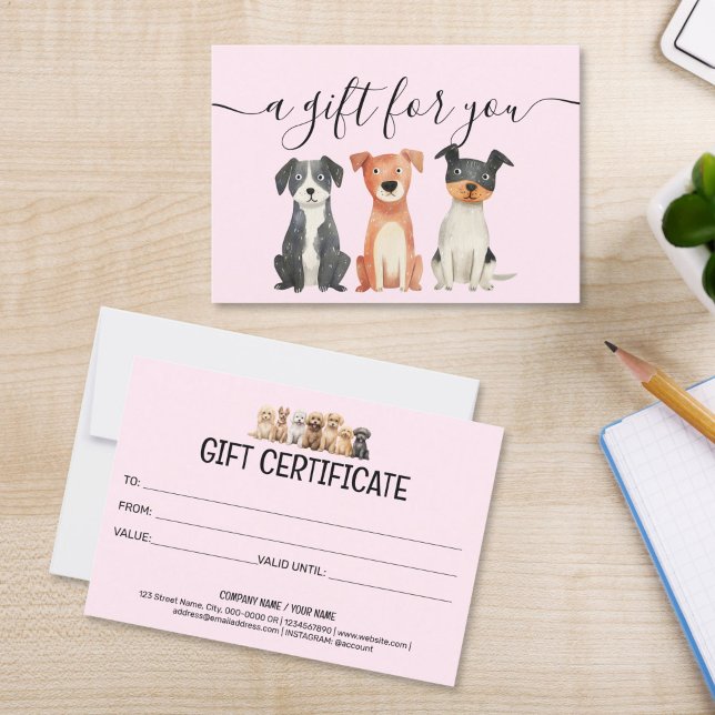 Geschenkgutschein Hund Erwachsener Sitzmöbel (cute watercolor dogs puppies on the blush pink background, gift certificate for groomers pet sitting)