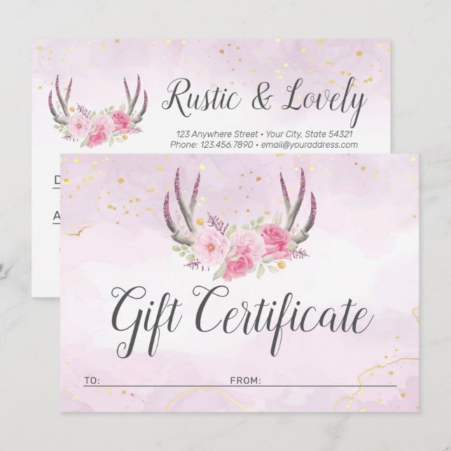 Geschenkgutschein Rosa Gold Antlers Chic Card Einladung (Vorne/Hinten)