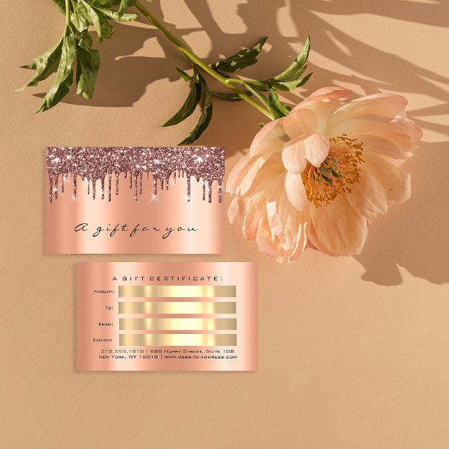 Geschenkgutschein Rose Gold Glitzer Tropfen Visitenkarte (Gift Certificate Rose Gold Metal Glitter Drips)