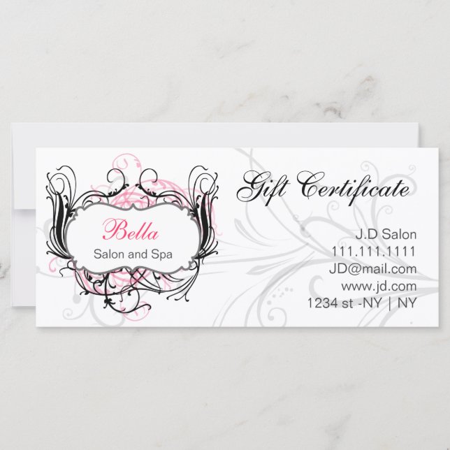 Geschenkgutscheine in Rosa, Schwarz und Weiß (Vorderseite)