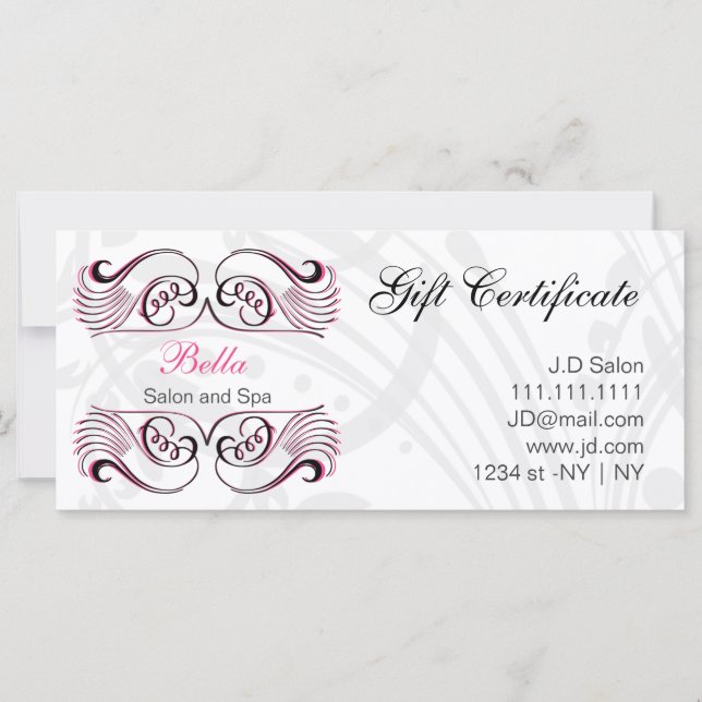 Geschenkgutscheine in Rosa, Schwarz und Weiß (Vorderseite)