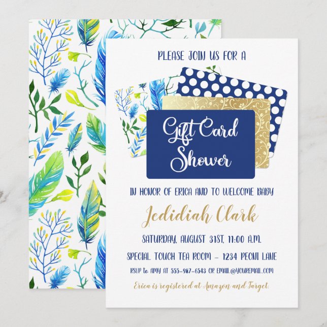 Geschenkkarte Dusche Blau und Gold Federn Einladung (Vorne/Hinten)