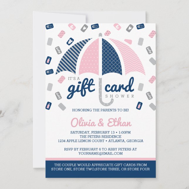 Geschenkkarte Kinderdusche, Marine, Rosa Einladung (Vorderseite)