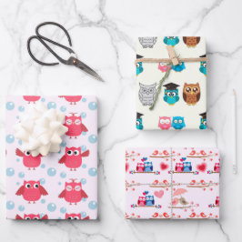 Geschenkpapier aus rosa und gelber Eule Set