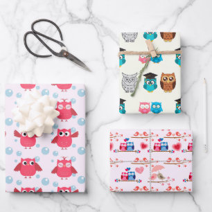 Geschenkpapier aus rosa und gelber Eule Set