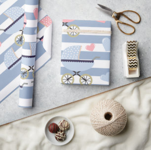 Geschenkpapier Blau & Weiß Streifen Kinderwagen