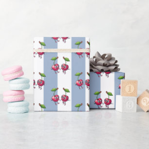 Geschenkpapier Blau & Weiß Streifen Kirschen