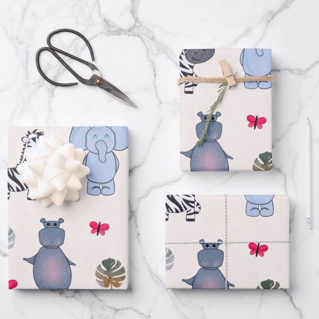 Geschenkpapier für spielerische Safari-Tiere (v.1) Set (Vorderseite)