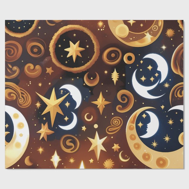 Geschenkpapier - Goldenes Ocker Himmelsmondmuster (Flach)
