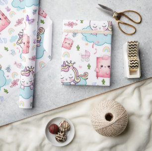 Geschenkpapier Rosa Blau Baby Einhorn Katze Regenb