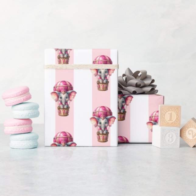 Geschenkpapier Rosa & Weiß gestreift Elefant  (Babyparty)