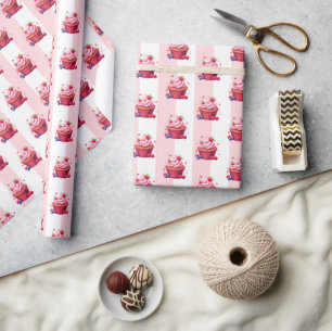 Geschenkpapier Rosa & Weiß gestreift Rosa Cupcakes