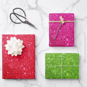 Geschenkpapier: Rot, Rosa und Grün Glitzer Geschenkpapier Set