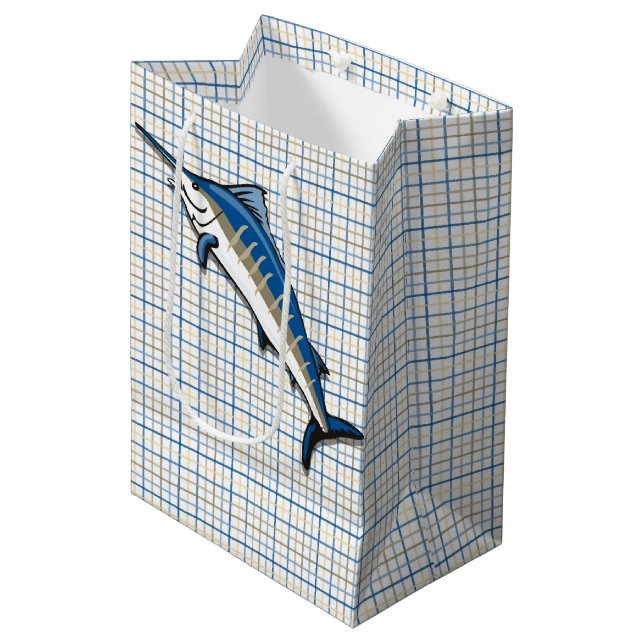 Geschenktasche - Blue Marlin auf Kariert Mittlere Geschenktüte (Vorderseite Schrägansicht)