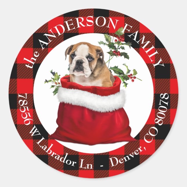 Geschenktasche Bulldog Puppy Karierte Rahmen Rücks Runder Aufkleber (Vorderseite)