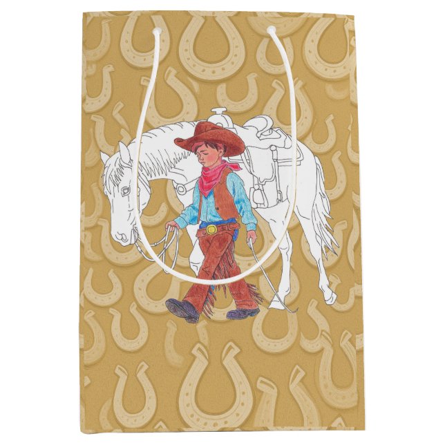 Geschenktasche Cowboy und Pferdebraun Mittlere Geschenktüte (Vorderseite)