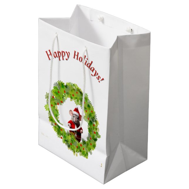 Geschenktasche - die Weihnachtsmäuse im Kranz Mittlere Geschenktüte (Vorderseite Schrägansicht)