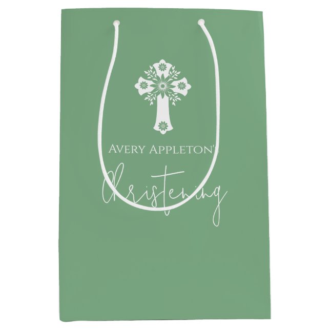 Geschenktasche Floral Cross Christening Sage Grün Mittlere Geschenktüte (Vorderseite)