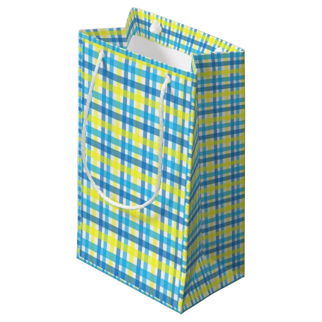 Geschenktasche Gelb und Kariert blau Kleine Geschenktüte (Vorderseite Schrägansicht)