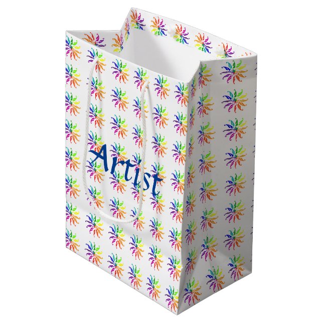 Geschenktasche - Mehrfarbige Räder mit Text Mittlere Geschenktüte (Vorderseite Schrägansicht)