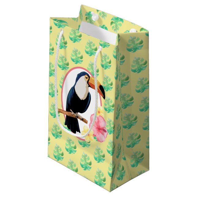 Geschenktasche mit Blumen und tropischen Vögeln Kleine Geschenktüte (Vorderseite Schrägansicht)