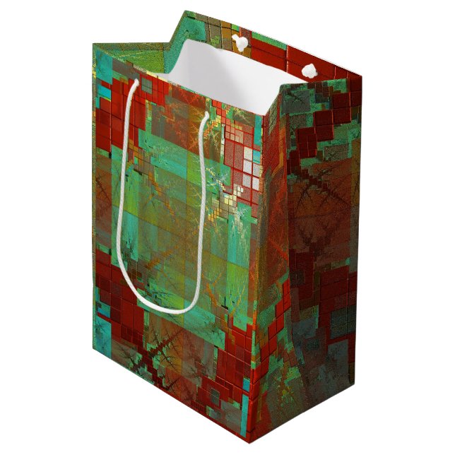 Geschenktasche mit roter und grüner Chromatik Mittlere Geschenktüte (Vorderseite Schrägansicht)