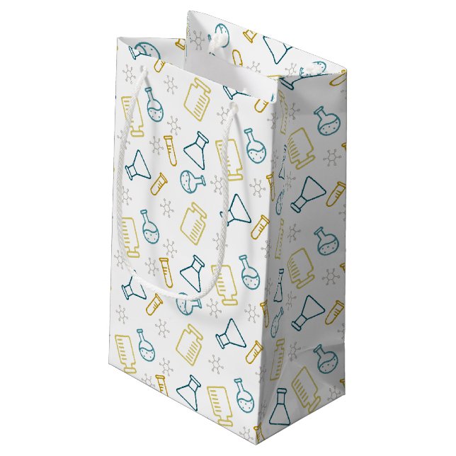 Geschenktasche mit Wissenschaftssymbolen in blau u Kleine Geschenktüte (Rückseite Schrägansicht)