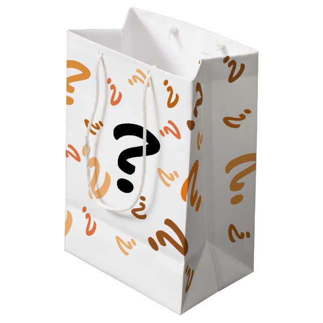 Geschenktasche - Orangefarbene Fragezeichen Mittlere Geschenktüte (Rückseite Schrägansicht)