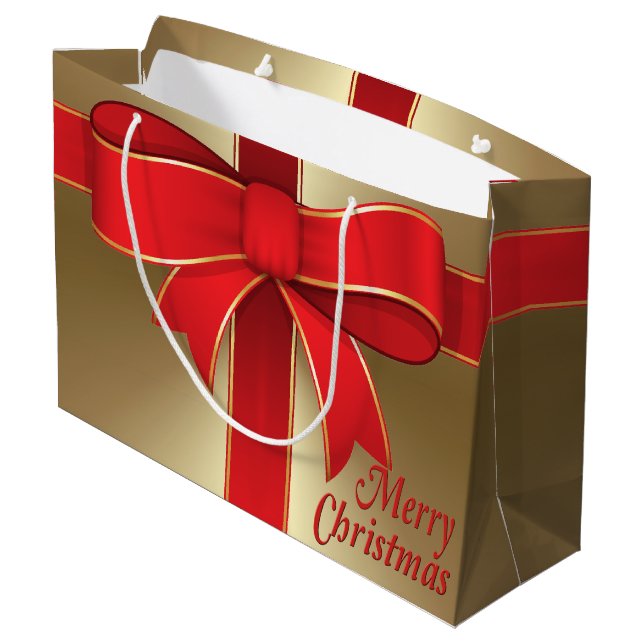 Geschenktasche - Red Bow & Ribbon auf Gold Große Geschenktüte (Rückseite Schrägansicht)