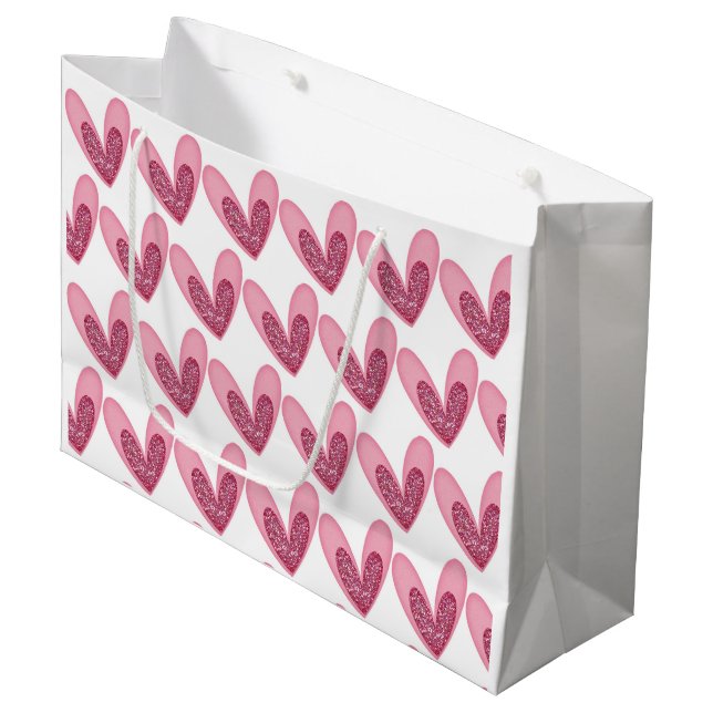 Geschenktasche - Rosa Glitzer Herz Große Geschenktüte (Vorderseite Schrägansicht)