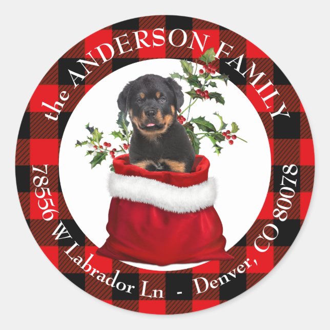 Geschenktasche Rottweiler Pup Karierte Rahmen Rück Runder Aufkleber (Vorderseite)