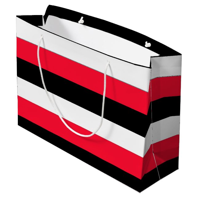 Geschenktüte aus Rot, Schwarz und Weiß Streifen (Rückseite Schrägansicht)