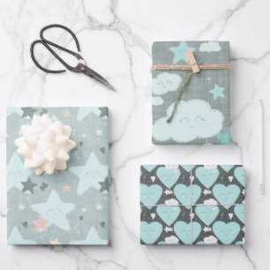 Geschenkwrake für Wolken, Sterne und Herzen Kinder Geschenkpapier Set