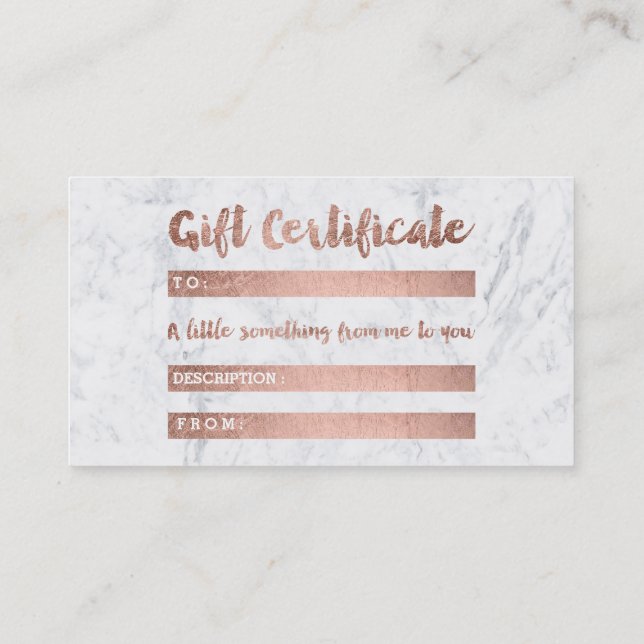 Geschenkzertifikat-Rosengoldtypographie-Weißmarmor Rabattkarte (Rückseite)