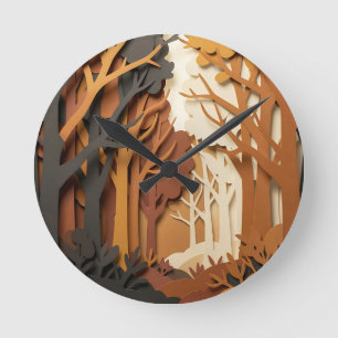 Geschichtete Papier-Schnitt Herbstwaldszene Runde Wanduhr