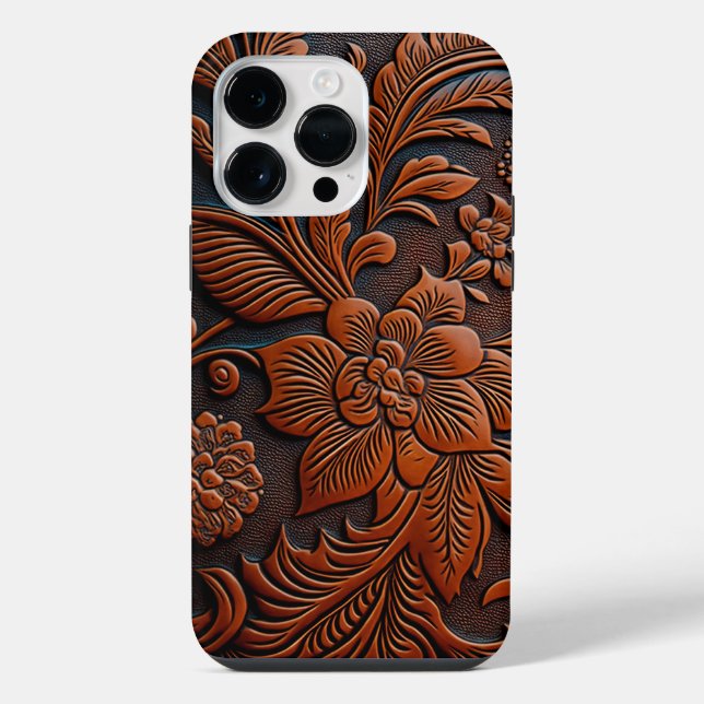 Geschichtetes Leder-Blumendesign iPhone 14 Pro Max Hülle (Rückseite)