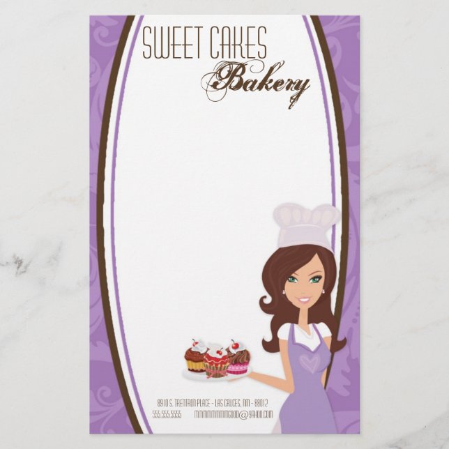 Geschirr - Brünettes Baker Lila Cup Kuchen backen Briefpapier (Vorderseite)