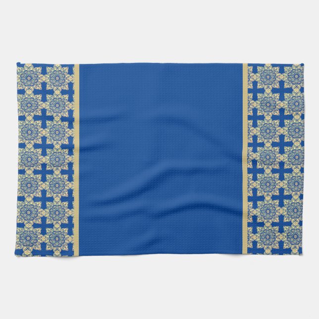 Geschirr mit blauen und goldenen Medaillen Geschirrtuch (Horizontal)