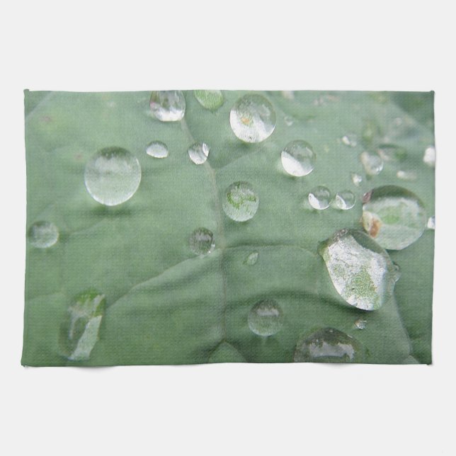 Geschirrtuch Wassertropfen auf grau-grünem Blatt (Horizontal)